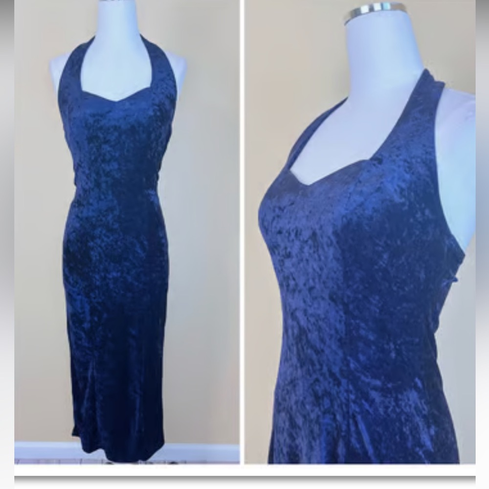 Vintage 90’s blue crushed velvet halter dress